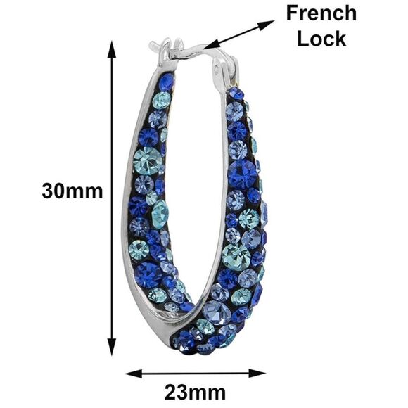 14K White Gold with Blue Sapphire Crystal U Shape French Lock Hoop Drop Earrings - Picture 4 of 5